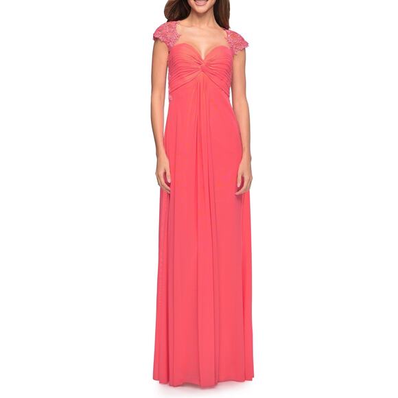 La Femme Beaded Open Back Coral Pink Grapefruit Jersey Formal Gown Size 6 - Picture 1 of 7